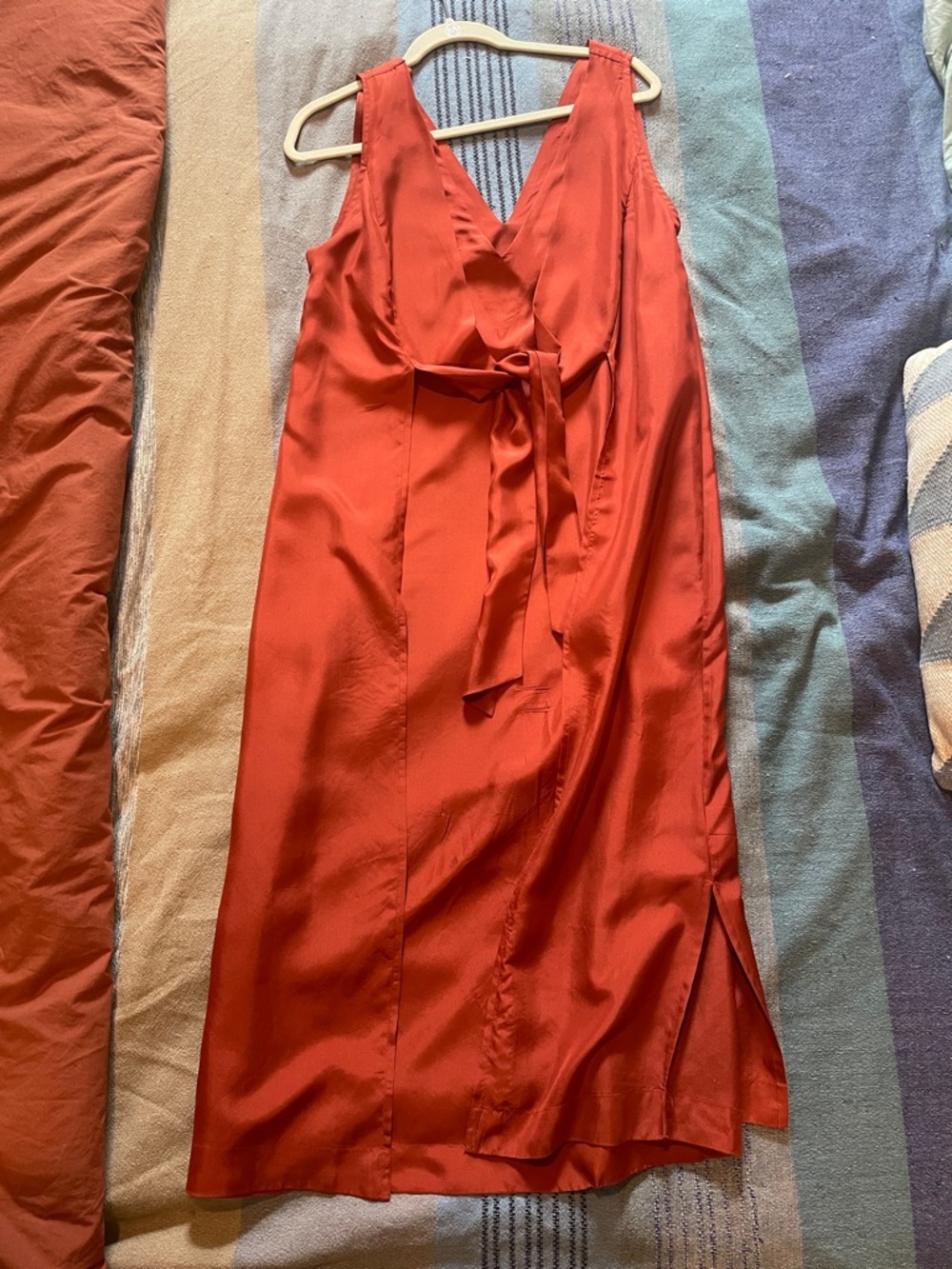 Free People Rust-Orange Silk Maxi Dress with Adjustable Tie